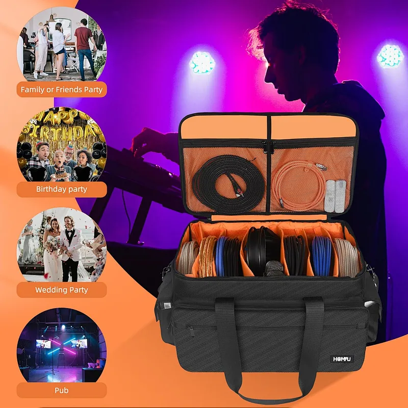 HOMFU Large DJ Cable File Bag with Multiple Pockets,DJ Cable Organizer Bag with Detachable Padded Bottom & Divider,DJ Equipment gig file bag for Musician Accessories,DJ Gear,Sound Equipment,Travel