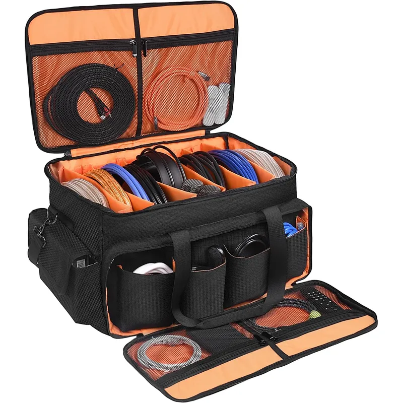 HOMFU Large DJ Cable File Bag with Multiple Pockets,DJ Cable Organizer Bag with Detachable Padded Bottom & Divider,DJ Equipment gig file bag for Musician Accessories,DJ Gear,Sound Equipment,Travel